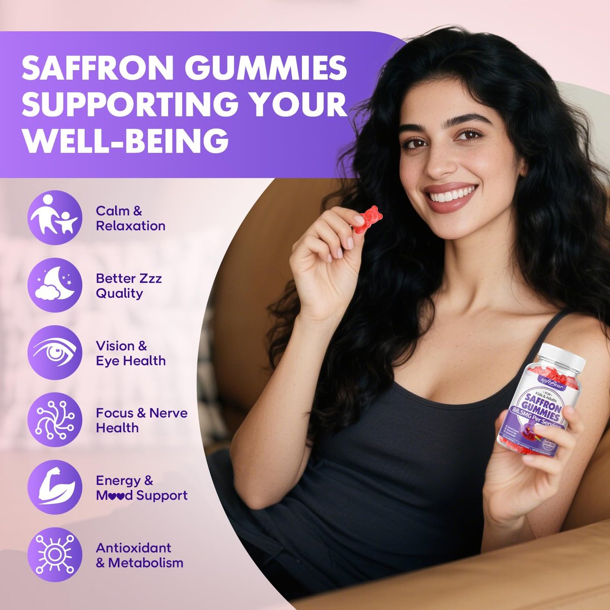 softbear Bio Safran Gummis für Kinder & Erwachsene - 10-in-1 Safran Extrakt mit 88,5mg - Zuckerfrei, Nicht-GVO, Erdbeergeschmack - 60 Stück