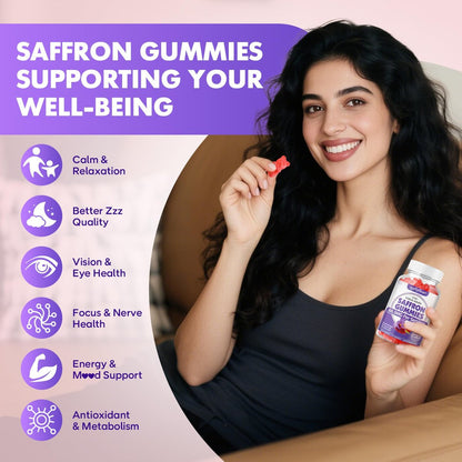 softbear Bio Safran Gummis für Kinder & Erwachsene - 10-in-1 Safran Extrakt mit 88,5mg - Zuckerfrei, Nicht-GVO, Erdbeergeschmack - 60 Stück