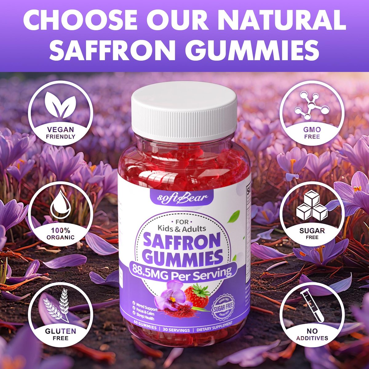 softbear Bio Safran Gummis für Kinder & Erwachsene - 10-in-1 Safran Extrakt mit 88,5mg - Zuckerfrei, Nicht-GVO, Erdbeergeschmack - 60 Stück