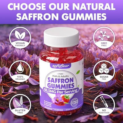 softbear Bio Safran Gummis für Kinder & Erwachsene - 10-in-1 Safran Extrakt mit 88,5mg - Zuckerfrei, Nicht-GVO, Erdbeergeschmack - 60 Stück