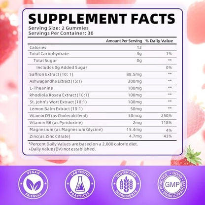 softbear Bio Safran Gummis für Kinder & Erwachsene - 10-in-1 Safran Extrakt mit 88,5mg - Zuckerfrei, Nicht-GVO, Erdbeergeschmack - 60 Stück