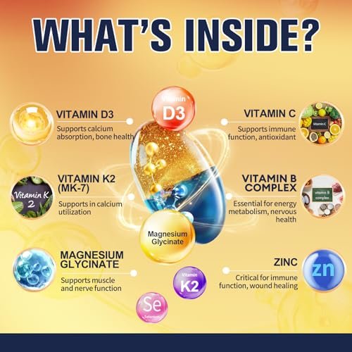 9-in-1 Magnesiumglycinat 500mg + Vitamin D3 5000 IE & K2 Komplex - Hoch absorbierbar - Unterstützt gesunden Stressabbau, Schlaf, Muskelfunktion, Knochengesundheit & Energie - Non-GMO, glutenfrei, 120 Softgels