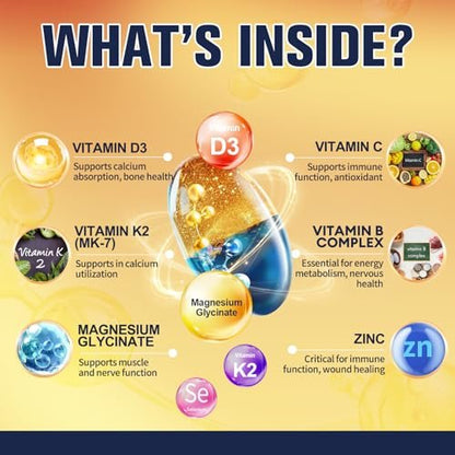 9-in-1 Magnesiumglycinat 500mg + Vitamin D3 5000 IE & K2 Komplex - Hoch absorbierbar - Unterstützt gesunden Stressabbau, Schlaf, Muskelfunktion, Knochengesundheit & Energie - Non-GMO, glutenfrei, 120 Softgels