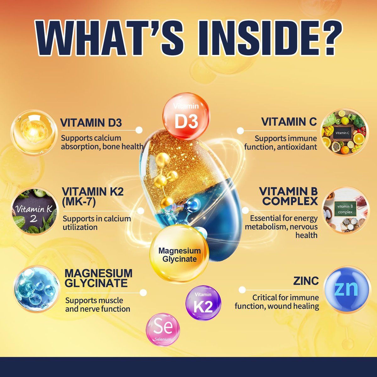 9-in-1 Magnesiumglycinat 500mg + Vitamin D3 5000 IE & K2 Komplex - Hoch absorbierbar - Unterstützt gesunden Stressabbau, Schlaf, Muskelfunktion, Knochengesundheit & Energie - Non-GMO, glutenfrei, 120 Softgels