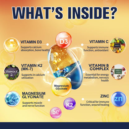 9-in-1 Magnesiumglycinat 500mg + Vitamin D3 5000 IE & K2 Komplex - Hoch absorbierbar - Unterstützt gesunden Stressabbau, Schlaf, Muskelfunktion, Knochengesundheit & Energie - Non-GMO, glutenfrei, 120 Softgels
