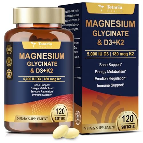 9-in-1 Magnesiumglycinat 500mg + Vitamin D3 5000 IE & K2 Komplex - Hoch absorbierbar - Unterstützt gesunden Stressabbau, Schlaf, Muskelfunktion, Knochengesundheit & Energie - Non-GMO, glutenfrei, 120 Softgels