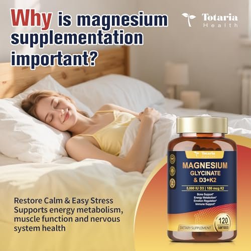9-in-1 Magnesiumglycinat 500mg + Vitamin D3 5000 IE & K2 Komplex - Hoch absorbierbar - Unterstützt gesunden Stressabbau, Schlaf, Muskelfunktion, Knochengesundheit & Energie - Non-GMO, glutenfrei, 120 Softgels
