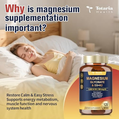 9-in-1 Magnesiumglycinat 500mg + Vitamin D3 5000 IE & K2 Komplex - Hoch absorbierbar - Unterstützt gesunden Stressabbau, Schlaf, Muskelfunktion, Knochengesundheit & Energie - Non-GMO, glutenfrei, 120 Softgels
