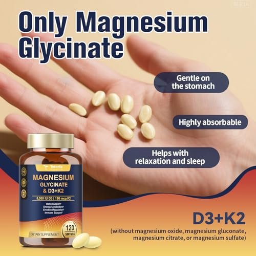 9-in-1 Magnesiumglycinat 500mg + Vitamin D3 5000 IE & K2 Komplex - Hoch absorbierbar - Unterstützt gesunden Stressabbau, Schlaf, Muskelfunktion, Knochengesundheit & Energie - Non-GMO, glutenfrei, 120 Softgels