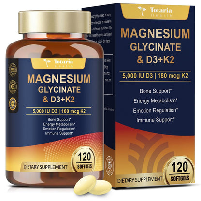 9-in-1 Magnesiumglycinat 500mg + Vitamin D3 5000 IE & K2 Komplex - Hoch absorbierbar - Unterstützt gesunden Stressabbau, Schlaf, Muskelfunktion, Knochengesundheit & Energie - Non-GMO, glutenfrei, 120 Softgels