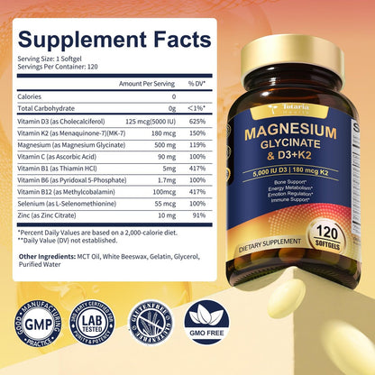 9-in-1 Magnesiumglycinat 500mg + Vitamin D3 5000 IE & K2 Komplex - Hoch absorbierbar - Unterstützt gesunden Stressabbau, Schlaf, Muskelfunktion, Knochengesundheit & Energie - Non-GMO, glutenfrei, 120 Softgels