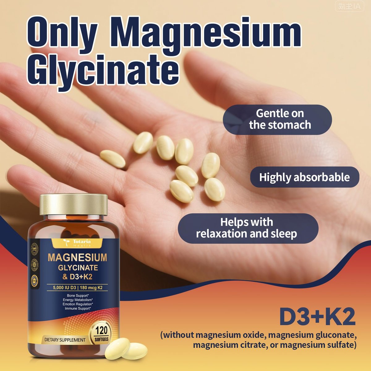 9-in-1 Magnesiumglycinat 500mg + Vitamin D3 5000 IE & K2 Komplex - Hoch absorbierbar - Unterstützt gesunden Stressabbau, Schlaf, Muskelfunktion, Knochengesundheit & Energie - Non-GMO, glutenfrei, 120 Softgels