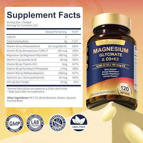 9-in-1 Magnesiumglycinat 500mg + Vitamin D3 5000 IE & K2 Komplex - Hoch absorbierbar - Unterstützt gesunden Stressabbau, Schlaf, Muskelfunktion, Knochengesundheit & Energie - Non-GMO, glutenfrei, 120 Softgels