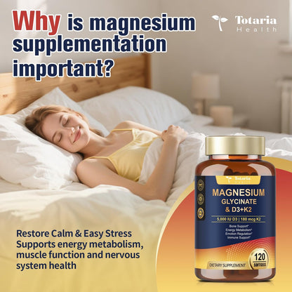 9-in-1 Magnesiumglycinat 500mg + Vitamin D3 5000 IE & K2 Komplex - Hoch absorbierbar - Unterstützt gesunden Stressabbau, Schlaf, Muskelfunktion, Knochengesundheit & Energie - Non-GMO, glutenfrei, 120 Softgels