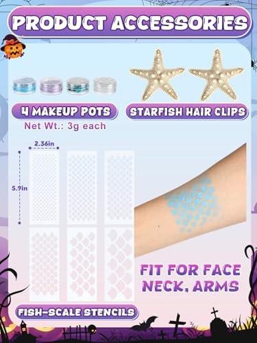 MADHOLLY Meerjungfrau Haaraccessoires für Frauen - Halloween Meerjungfrau Kostüm Set mit realistischen süßen Seestern Haarspangen und Gesichts- und Körperglitzer für Makeup Geschenk