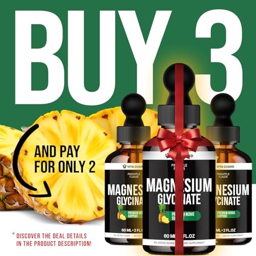 Magnesium Glycinate 500mg flüssige Tropfen – Zuckerfreies Magnesiumpräparat, vegane Formel, 60 ml, Geschmack Ananas