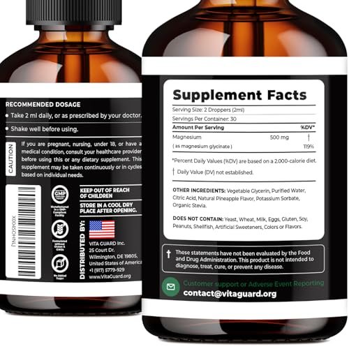 Magnesium Glycinate 500mg flüssige Tropfen – Zuckerfreies Magnesiumpräparat, vegane Formel, 60 ml, Geschmack Ananas