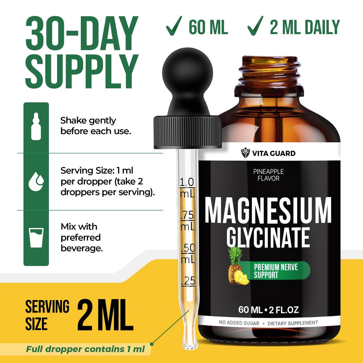 Magnesium Glycinate 500mg flüssige Tropfen – Zuckerfreies Magnesiumpräparat, vegane Formel, 60 ml, Geschmack Ananas