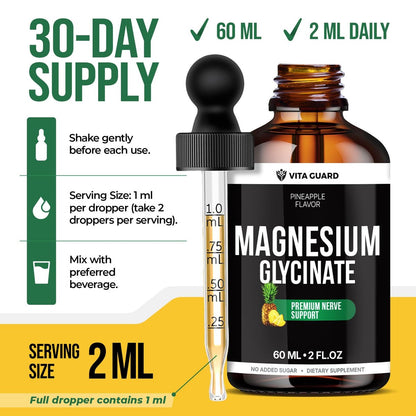 Magnesium Glycinate 500mg flüssige Tropfen – Zuckerfreies Magnesiumpräparat, vegane Formel, 60 ml, Geschmack Ananas