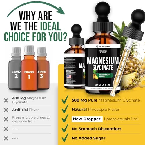 Magnesium Glycinate 500mg flüssige Tropfen – Zuckerfreies Magnesiumpräparat, vegane Formel, 60 ml, Geschmack Ananas