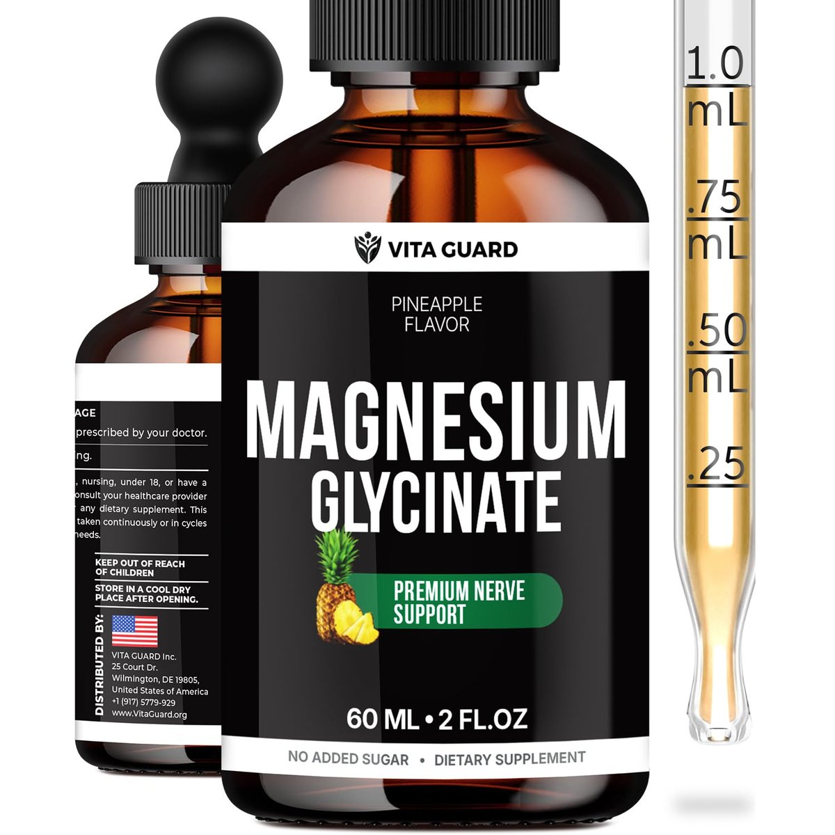 Magnesium Glycinate 500mg flüssige Tropfen – Zuckerfreies Magnesiumpräparat, vegane Formel, 60 ml, Geschmack Ananas