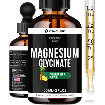 Magnesium Glycinate 500mg flüssige Tropfen – Zuckerfreies Magnesiumpräparat, vegane Formel, 60 ml, Geschmack Ananas