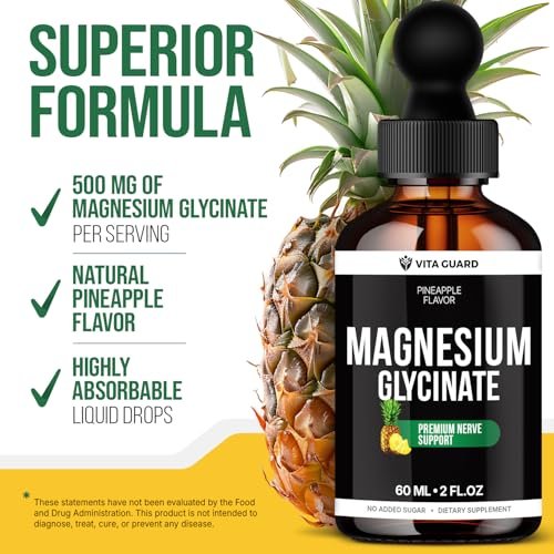 Magnesium Glycinate 500mg flüssige Tropfen – Zuckerfreies Magnesiumpräparat, vegane Formel, 60 ml, Geschmack Ananas