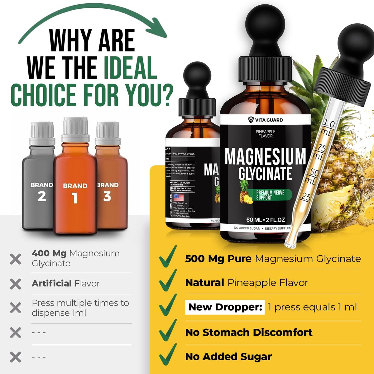 Magnesium Glycinate 500mg flüssige Tropfen – Zuckerfreies Magnesiumpräparat, vegane Formel, 60 ml, Geschmack Ananas