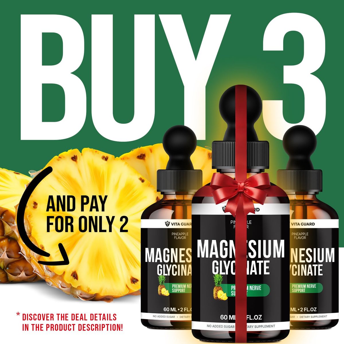 Magnesium Glycinate 500mg flüssige Tropfen – Zuckerfreies Magnesiumpräparat, vegane Formel, 60 ml, Geschmack Ananas