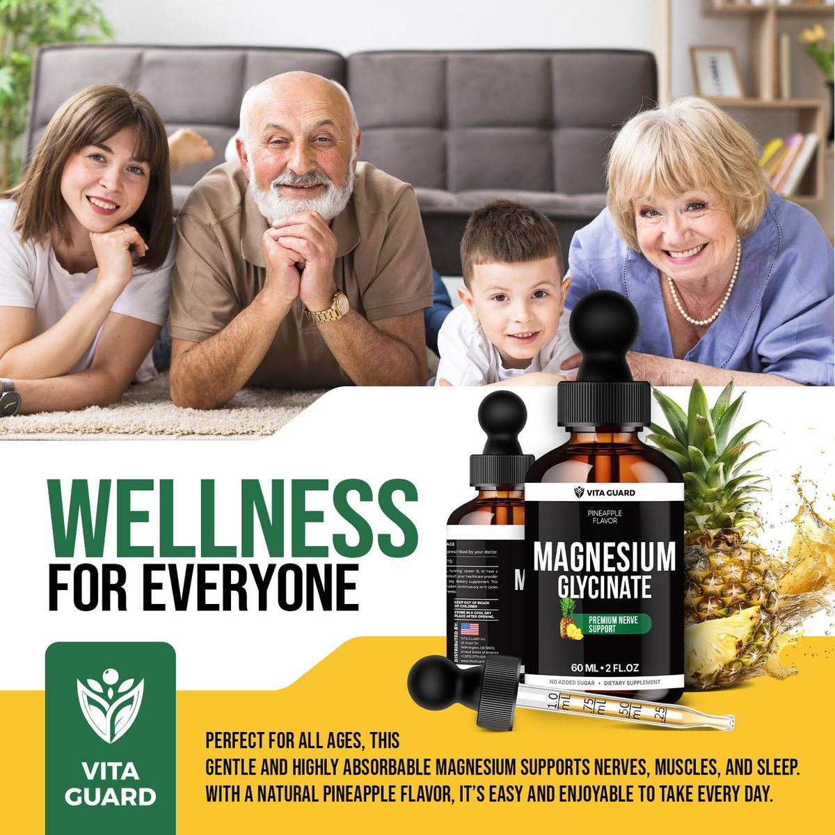 Magnesium Glycinate 500mg flüssige Tropfen – Zuckerfreies Magnesiumpräparat, vegane Formel, 60 ml, Geschmack Ananas