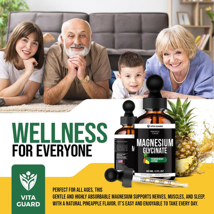 Magnesium Glycinate 500mg flüssige Tropfen – Zuckerfreies Magnesiumpräparat, vegane Formel, 60 ml, Geschmack Ananas