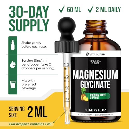 Magnesium Glycinate 500mg flüssige Tropfen – Zuckerfreies Magnesiumpräparat, vegane Formel, 60 ml, Geschmack Ananas