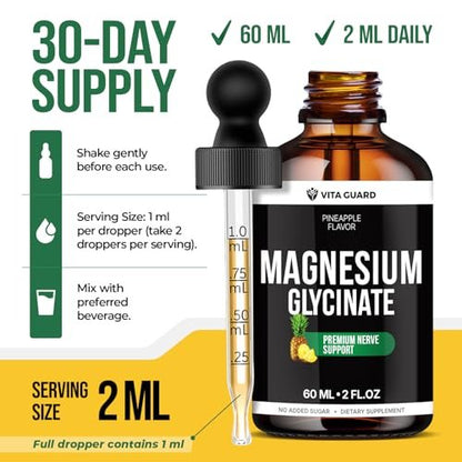 Magnesium Glycinate 500mg flüssige Tropfen – Zuckerfreies Magnesiumpräparat, vegane Formel, 60 ml, Geschmack Ananas