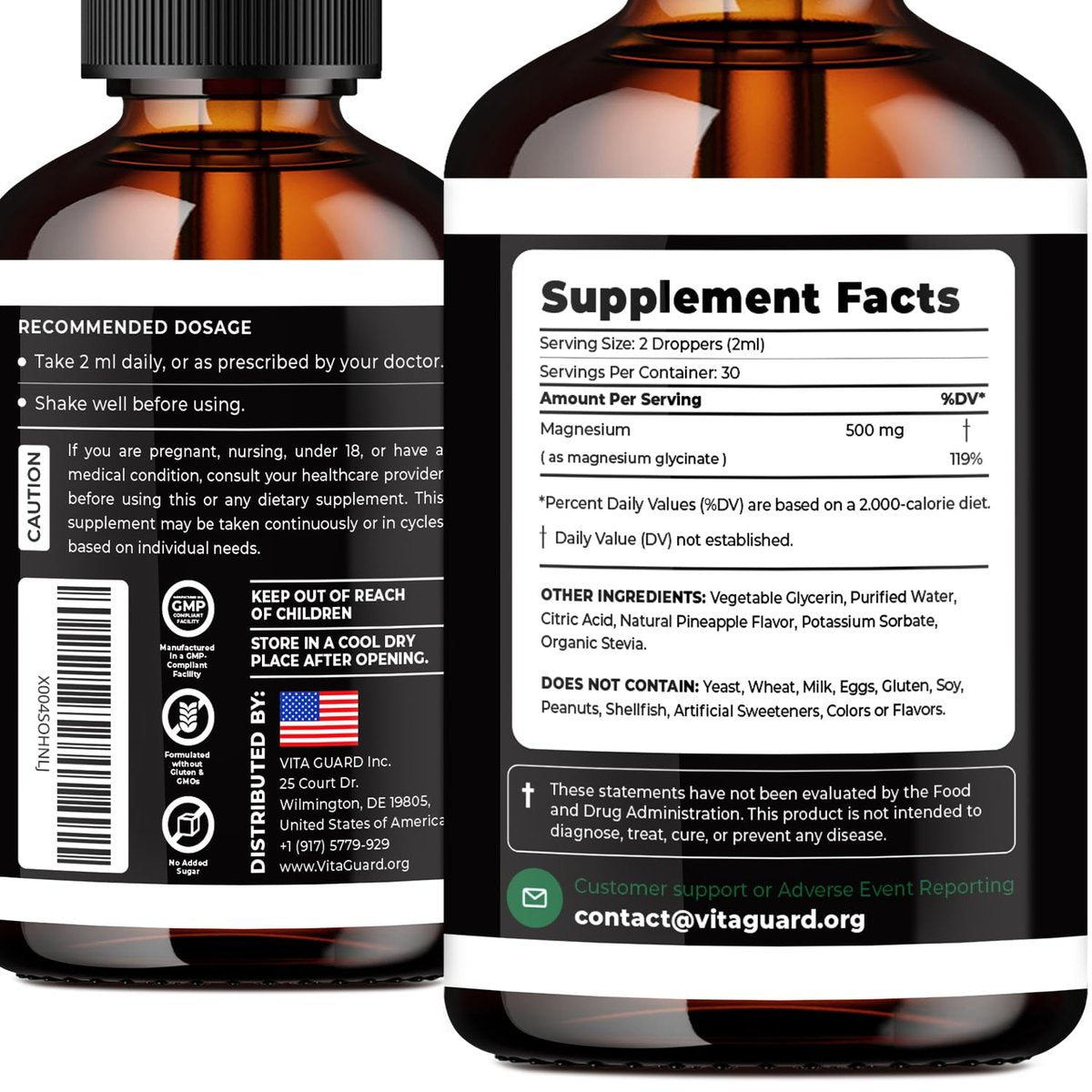 Magnesium Glycinate 500mg flüssige Tropfen – Zuckerfreies Magnesiumpräparat, vegane Formel, 60 ml, Geschmack Ananas