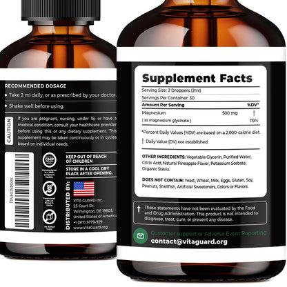 Magnesium Glycinate 500mg flüssige Tropfen – Zuckerfreies Magnesiumpräparat, vegane Formel, 60 ml, Geschmack Ananas