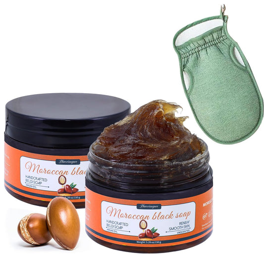 Hoveimpee 2er-Pack Organische Marokkanische Schwarze Seife – Sanfte Hautpflege mit Arganöl und Vitamin C, Feuchtigkeitsspendende Beldi-Seife für den Hammam, Duftfrei, 150 g