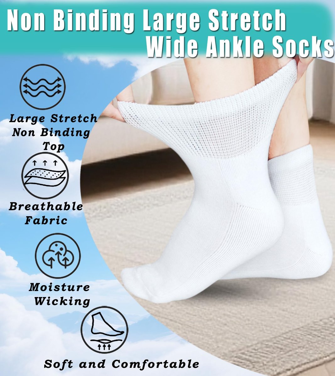 Männer Diabetiker Socken mit breitem Schaft – 6 Paar für Ödeme, geschwollene Füße, Bariatrie, Gipssocken – nicht einschnürend, locker sitzend, Größe 10-13, Weiß