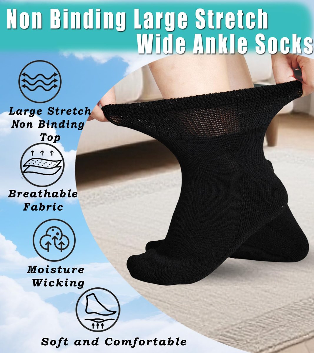 Aisesine Diabetikersocken Extra Breite für Herren 6 Paar – Nicht einengend für geschwollene Knöchel, Ödeme, Neuropathie – Krankenhaussocken 10-13 Schwarz