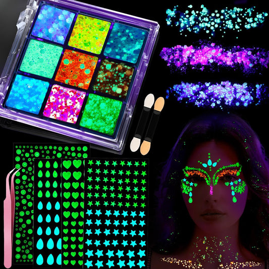 YGDZ Glow in The Dark Body Glitter, Gesichtsglitter Gel, Mermaid Face Gems Kit, Haarglitter Juwelen für Make-up, Festival Outfits für UV Schwarzlicht Party, Rave Accessoires für Frauen