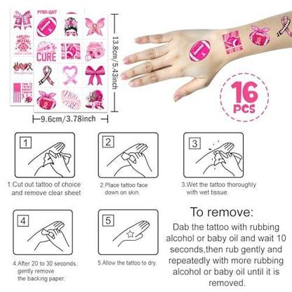 YanZonic 192 Stück Rosa Schleife Brustkrebs vorgeschnittene temporäre Tattoos, Pink Out Accessoires für Spirit Week Football, 16 Blätter, 24 Stile