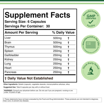 Grass Fed Beef Organ Complex (3.000 mg pro Portion, 180 Kapseln, 1 Monatsvorrat) – Nahrungsergänzungsmittel für Verdauung, Immunsystem, Energie und Wohlbefinden von Double Wood