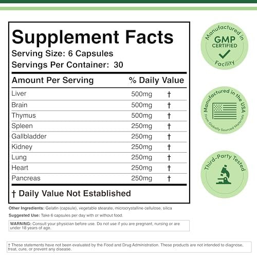 Grass Fed Beef Organ Complex (3.000 mg pro Portion, 180 Kapseln, 1 Monatsvorrat) – Nahrungsergänzungsmittel für Verdauung, Immunsystem, Energie und Wohlbefinden von Double Wood