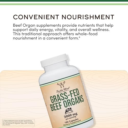 Grass Fed Beef Organ Complex (3.000 mg pro Portion, 180 Kapseln, 1 Monatsvorrat) – Nahrungsergänzungsmittel für Verdauung, Immunsystem, Energie und Wohlbefinden von Double Wood