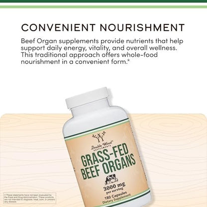 Grass Fed Beef Organ Complex (3.000 mg pro Portion, 180 Kapseln, 1 Monatsvorrat) – Nahrungsergänzungsmittel für Verdauung, Immunsystem, Energie und Wohlbefinden von Double Wood