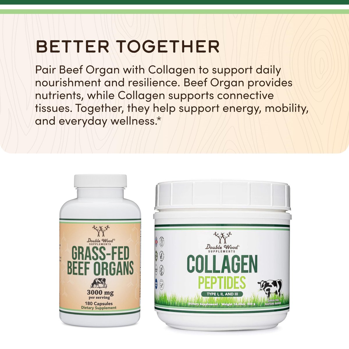 Grass Fed Beef Organ Complex (3.000 mg pro Portion, 180 Kapseln, 1 Monatsvorrat) – Nahrungsergänzungsmittel für Verdauung, Immunsystem, Energie und Wohlbefinden von Double Wood