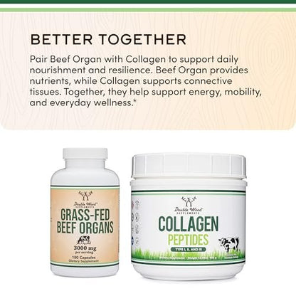 Grass Fed Beef Organ Complex (3.000 mg pro Portion, 180 Kapseln, 1 Monatsvorrat) – Nahrungsergänzungsmittel für Verdauung, Immunsystem, Energie und Wohlbefinden von Double Wood
