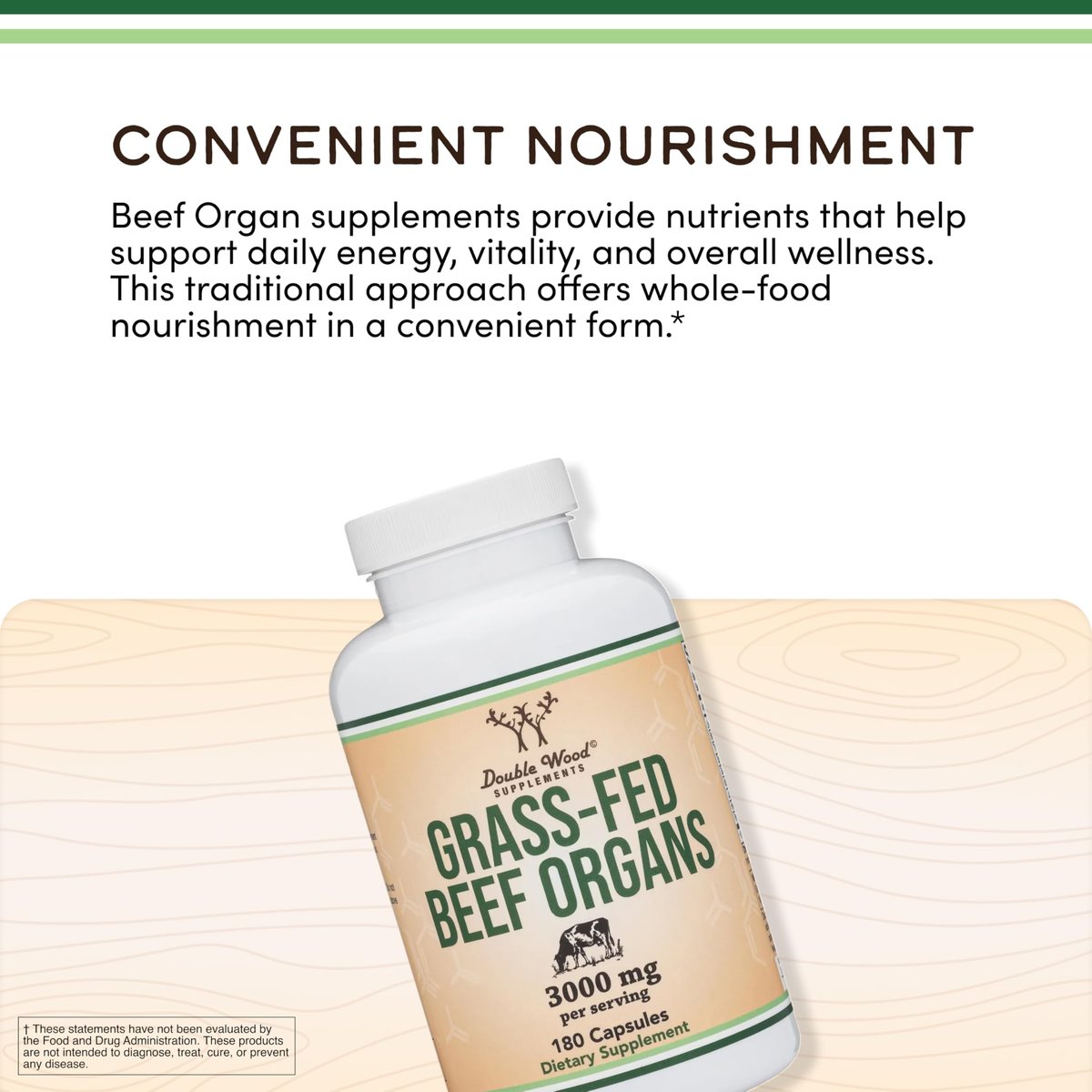 Grass Fed Beef Organ Complex (3.000 mg pro Portion, 180 Kapseln, 1 Monatsvorrat) – Nahrungsergänzungsmittel für Verdauung, Immunsystem, Energie und Wohlbefinden von Double Wood