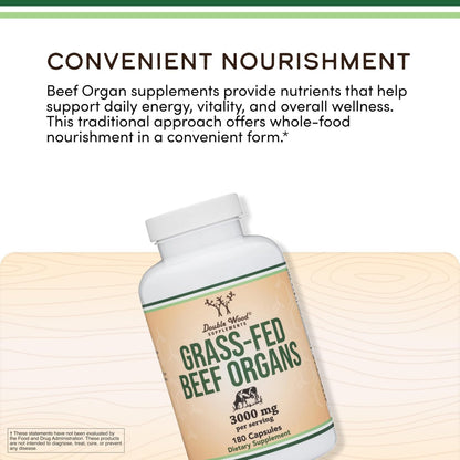 Grass Fed Beef Organ Complex (3.000 mg pro Portion, 180 Kapseln, 1 Monatsvorrat) – Nahrungsergänzungsmittel für Verdauung, Immunsystem, Energie und Wohlbefinden von Double Wood