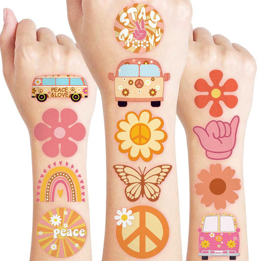 60 Stück Groovy Temporäre Tattoos für Kinder - Vorgeschnittene Retro 60er 70er Hippie Partygeschenke & Zubehör - Regenbogen Flower Power Wasserfeste Aufkleber für Mädchen, Jungen & Schulpreise