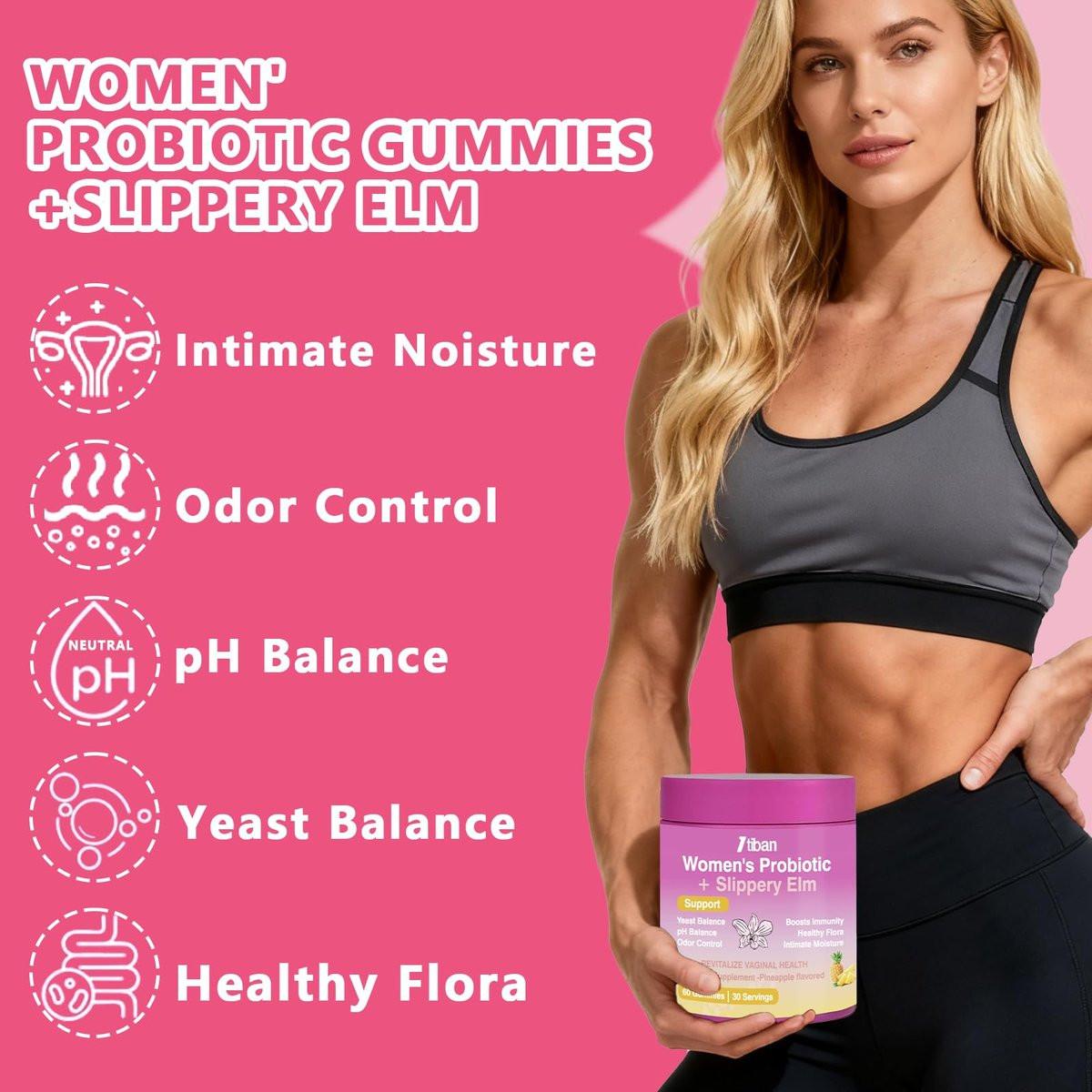 Itiban Feminine Vaginal Probiotika Gummis – Unterstützt pH-Gleichgewicht & Verdauungsgesundheit, Slippery Elm für Frauen, Zuckerfrei, Vegan, Ananasgeschmack, 60 Stück